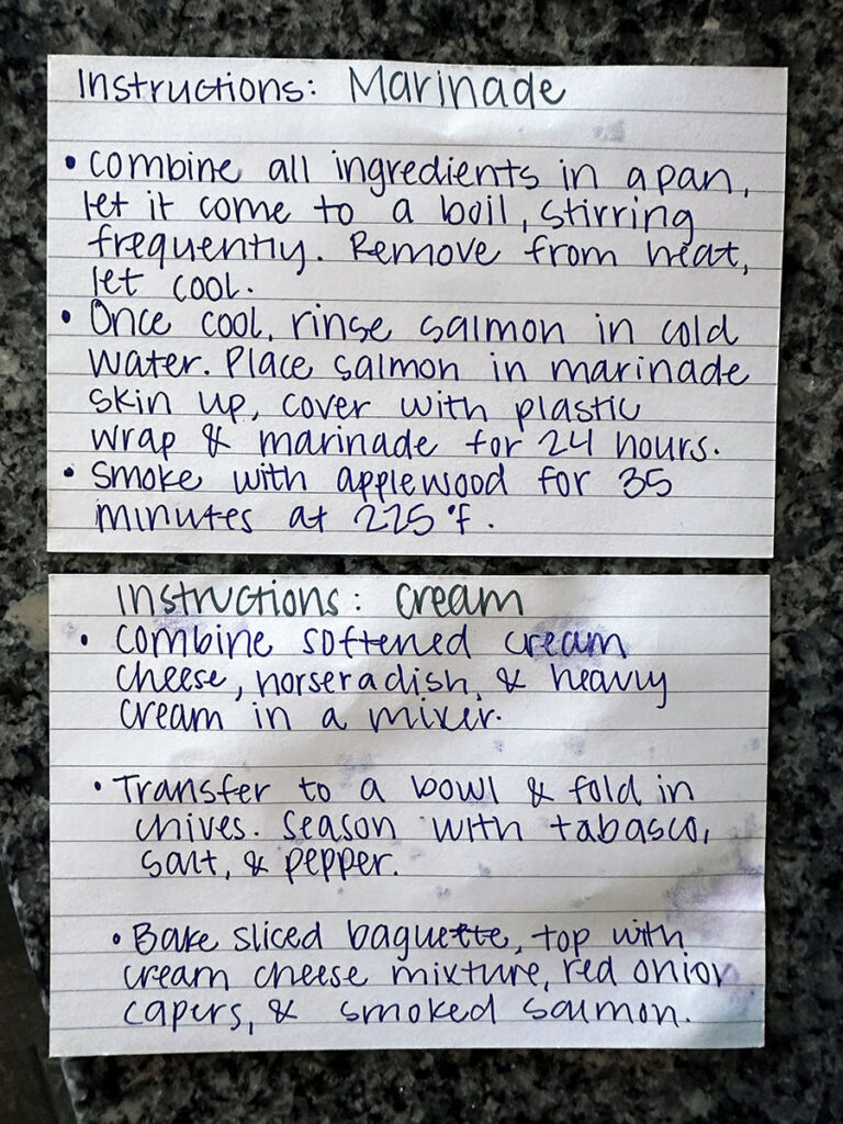 Handwritten recipe card: Smoked Salmon Marinade, Horseradish Cream Cheese
