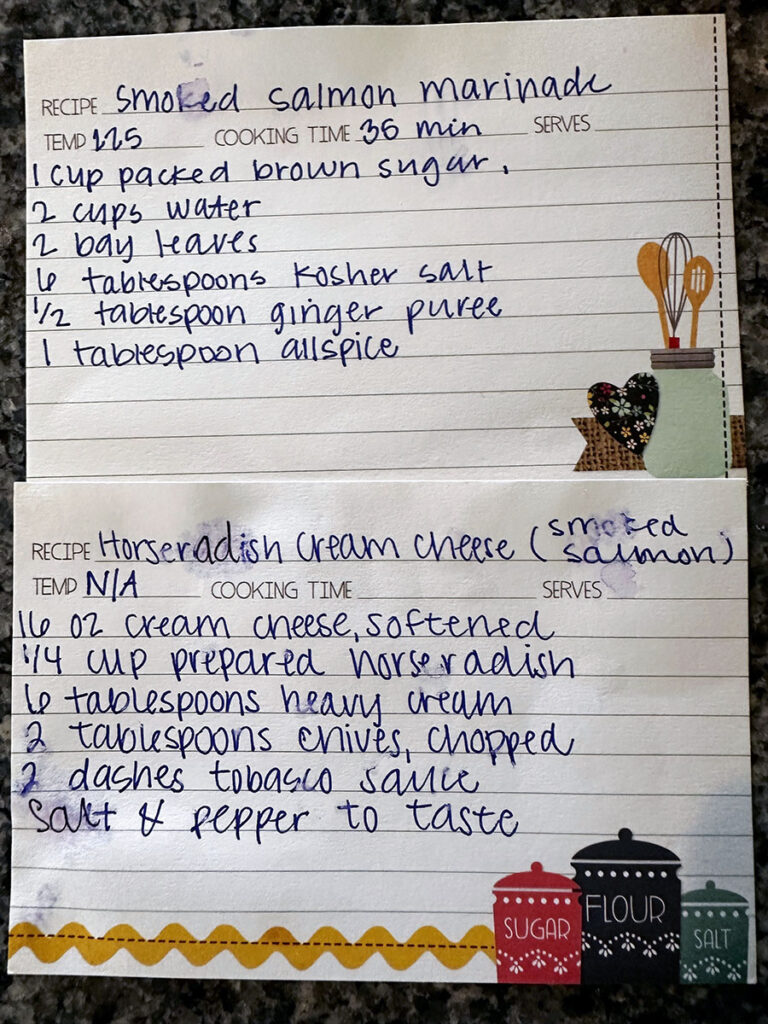 Handwritten recipe card: Smoke Salmon, Instructions Marinade - Instructions Cream